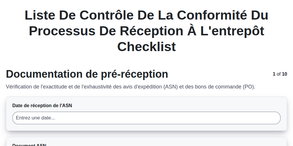 Liste de contrôle de la conformité du processus de réception à l'entrepôt screenshot