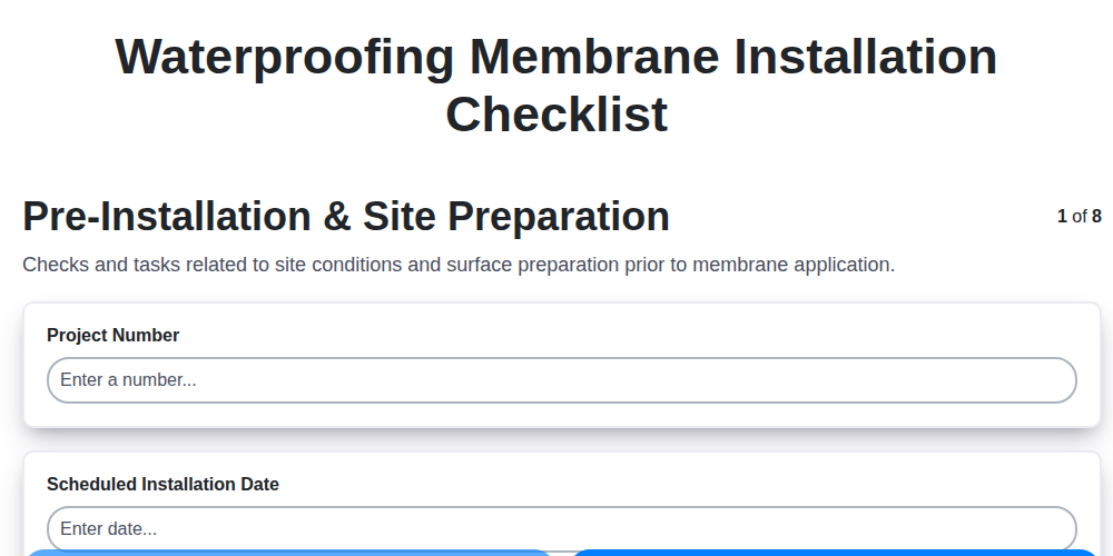 waterproofing membrane installation checklist screenshot