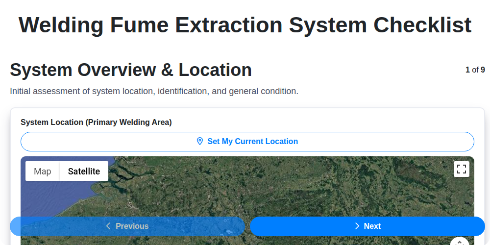 welding fume extraction system checklist screenshot