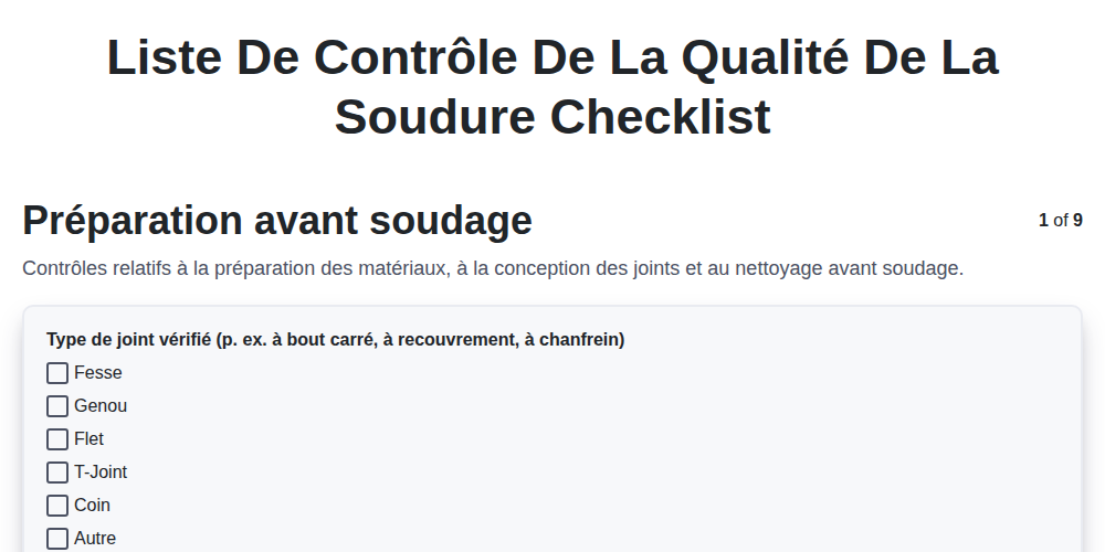 Liste de contrôle de la qualité de la soudure