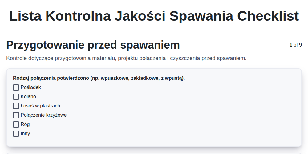 Lista kontrolna jakości spawania
