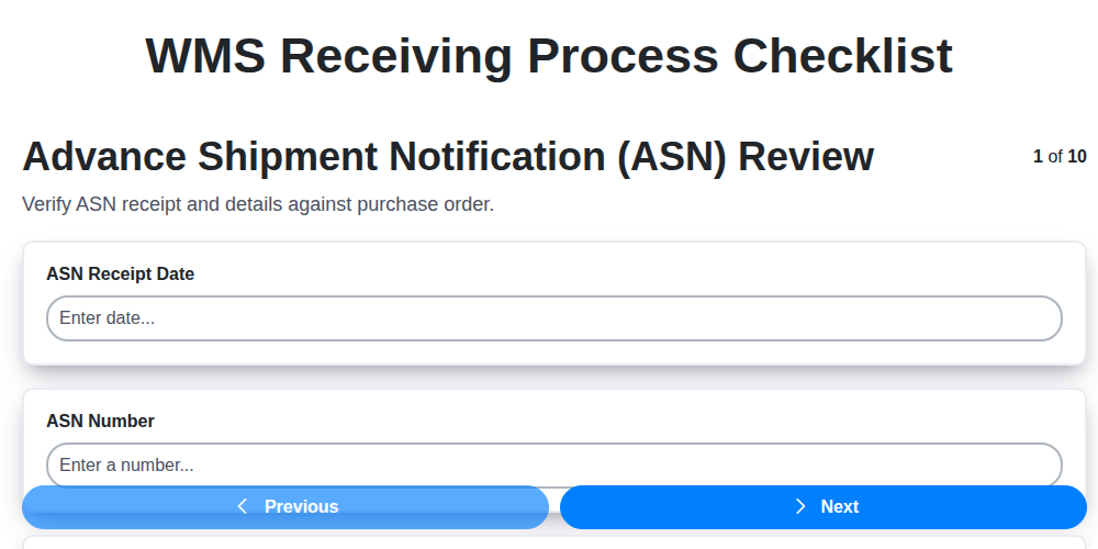 wms receiving process checklist screenshot