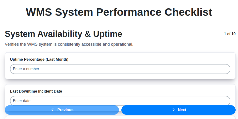 wms system performance checklist screenshot