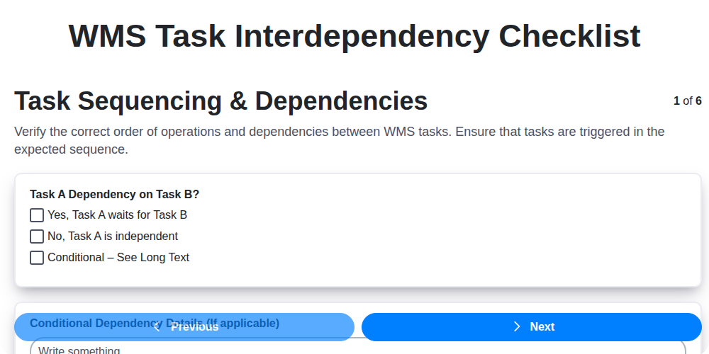 wms task interdependency checklist screenshot