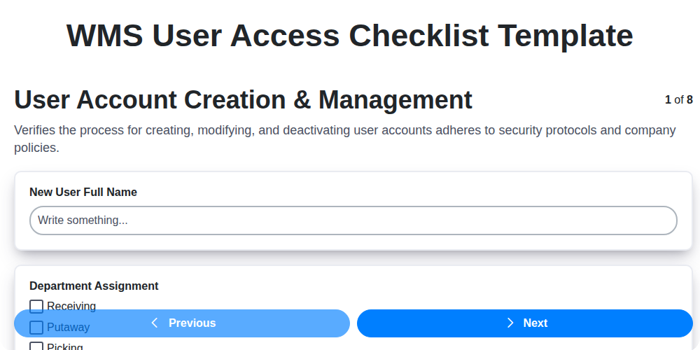 wms user access checklist template screenshot