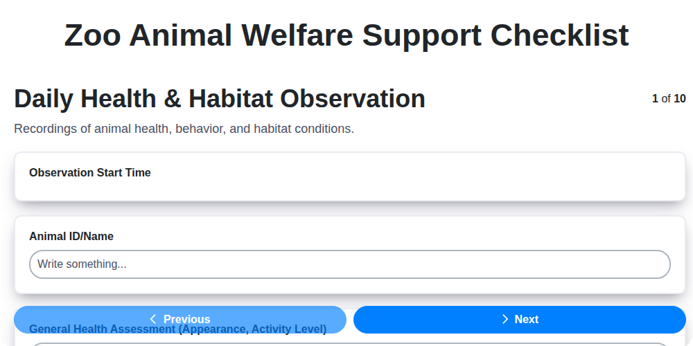 zoo animal welfare support checklist screenshot